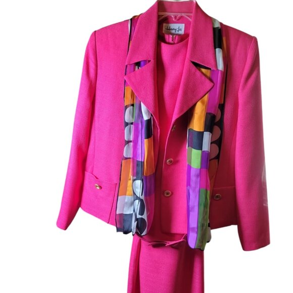 Henry Lee Dresses & Skirts - Womens 3 Piece Henry Lee Suit Dress Blazer Bright Pink Echo Silk Scarf Office 8